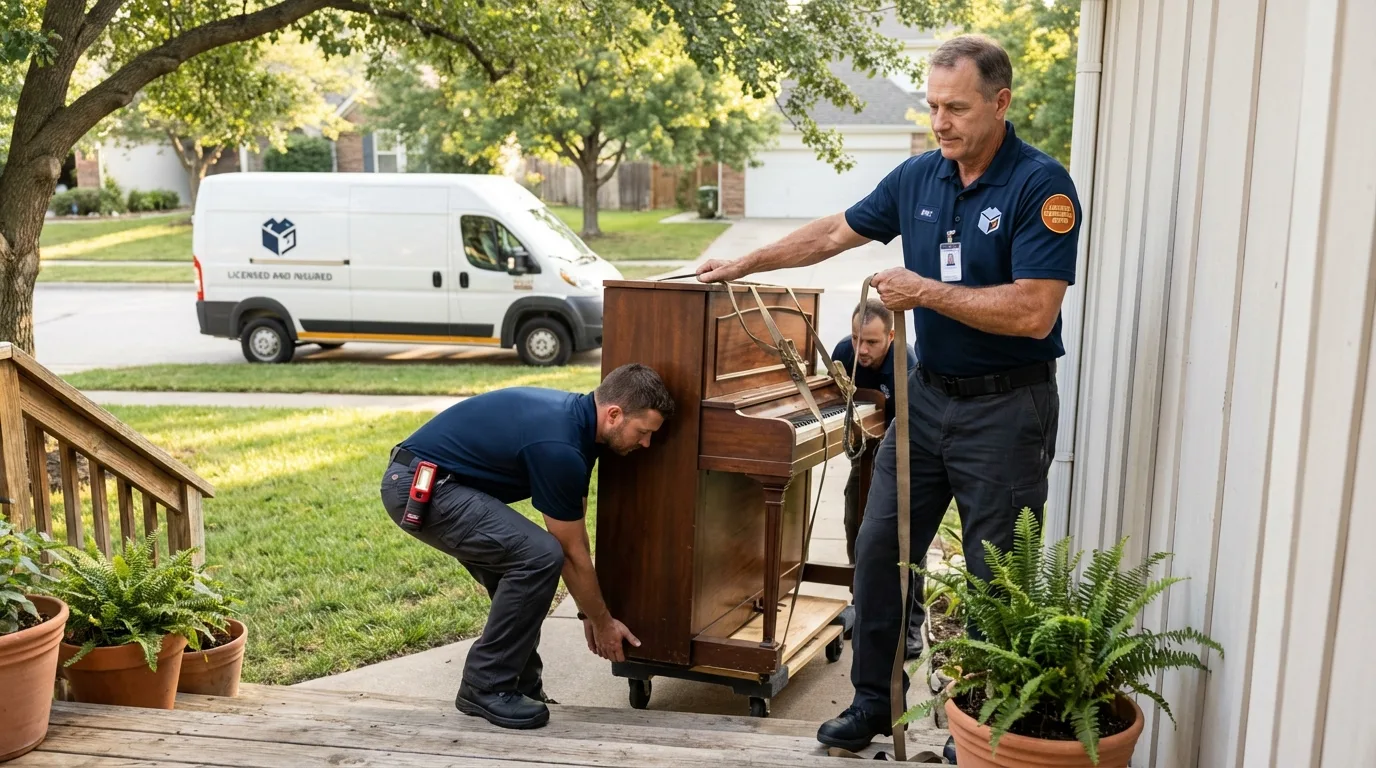 Licensed piano movers securing grand piano in Dane, WI