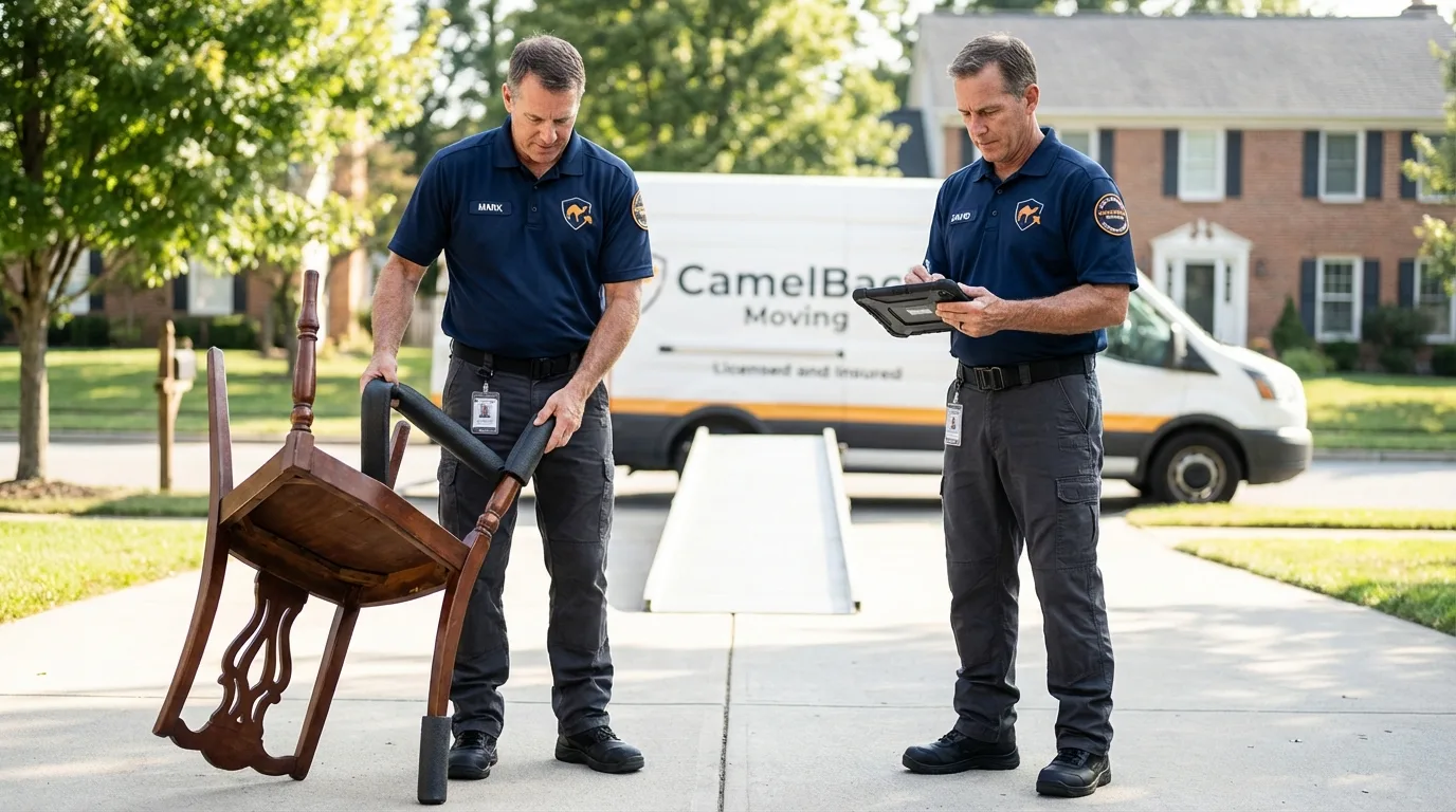 Movers inspecting furniture for damage prevention before loading in Dane, WI