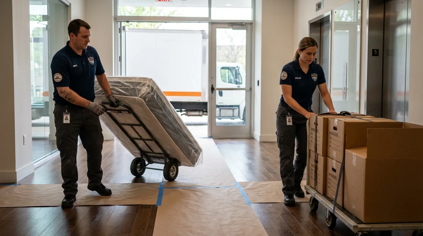 Professional apartment movers loading elevator in Dane, WI